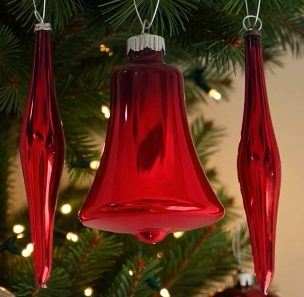 Vintage MCM Red Mercury Glass Christmas Ornaments 3pc Icicles Bell 3" Good